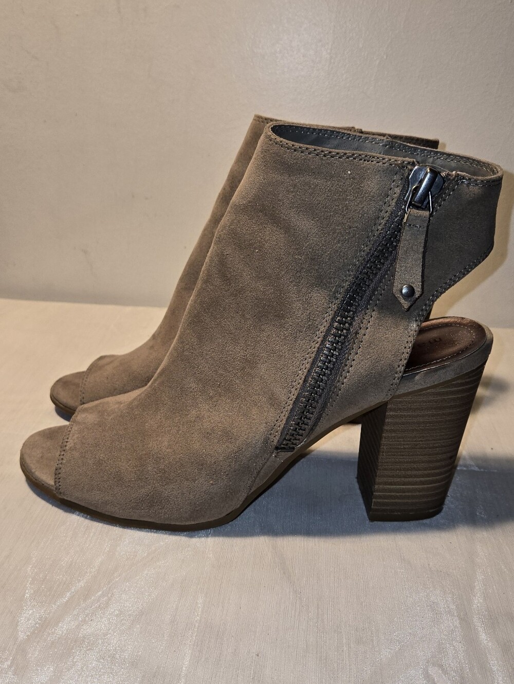 Madden Girl Women's Taupe Suede Open-Toe Block Heel Booties